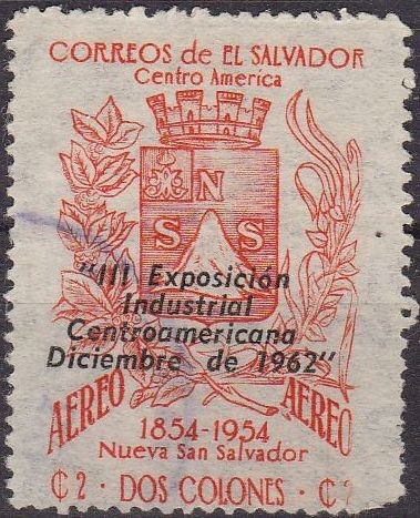 EL SALVADOR 1962 Scott C195 Sello Escudo de Armas con sobreimpresion III Exposicion Industrial Centr