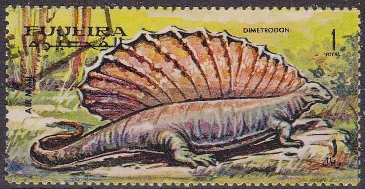 FUJEIRA 1968 Michel 257 Sello Animales Prehistoricos Dimetrodon Correo Aereo con matasellos de favor