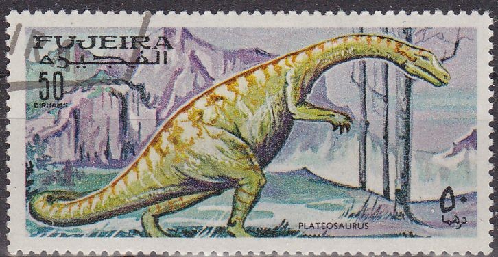 FUJEIRA 1968 Michel 259 Sello Animales Prehistoricos Plateosaurus Correo Aereo con matasellos favor