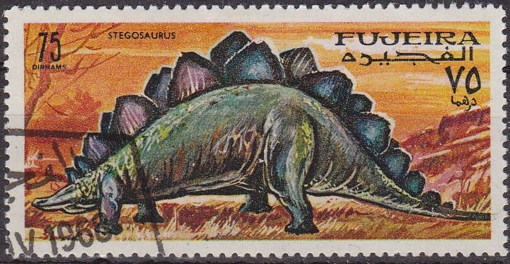 FUJEIRA 1968 Michel 261 Sello Animales Prehistoricos Stegosaurus Correo Aereo c/matasellos de favor