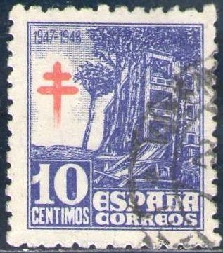 ESPAÑA 1947 1018 Sello Pro Tuberculosos Cruz de Lorena en Rojo 10c Usado Espana Spain Espagne Spagna