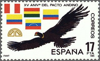 ESPAÑA 1985 2778 Sello Nuevo XV Aniversario del Pacto Andino Condor y Banderas de los paises firmant