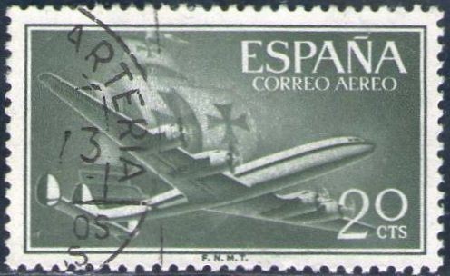 ESPAÑA 1955 1169 Sello Avion Super Constellation y Nao Santa Maria 20c Usado Espana Spain Espagne Sp