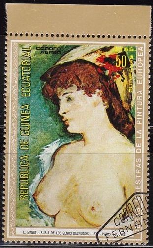 Guinea Ecuatorial 1973 Michel 272 Sello Pintura E. Manet Rubia de los Senos Desnudos Mujer Desnuda