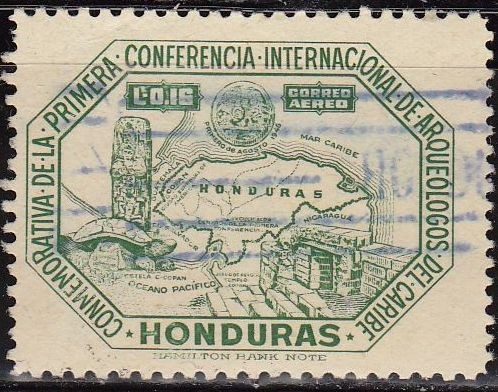 Honduras 1947 Scott C164 Sello Antiguo Mapa Monumento y Conferencia Badge usado 