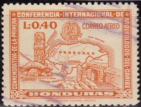 Honduras 1947 Scott C166 Sello Antiguo Mapa Monumento y Conferencia Badge usado 