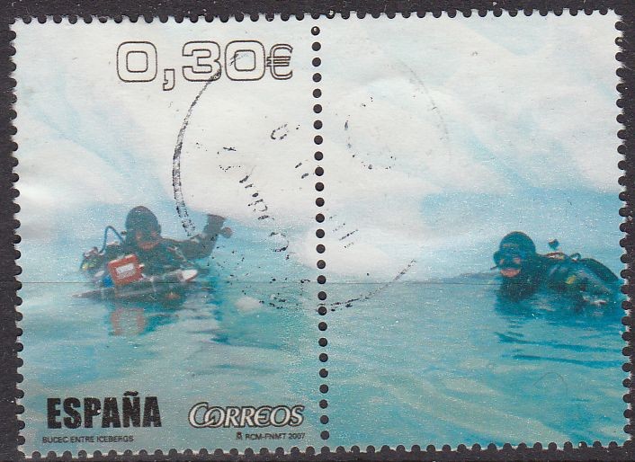 ESPAÑA 2007 4345a Sello º + viñeta Deportes Al Filo de Lo Imposible Buceo entre Icebergs usado