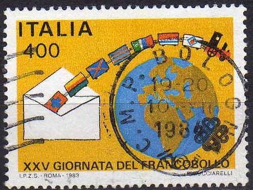 Italia 1983 Scott 1575 Sello Dia del Sello Dibujo de Niños Tren de Banderas en Globo Terraqueo usado