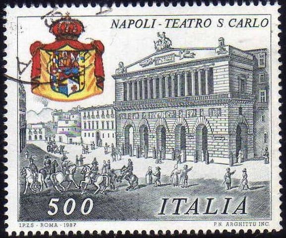 Italia 1987 Scott 1726 Sello Napoles Teatro San Carlo y Escudo de Armas usado 