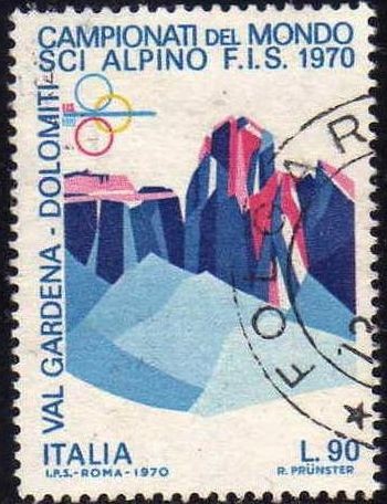Italia 1970 Scott 1008 Sello Campeonato Mundo Ski Alpino Val Gardena Dolomitas Usado