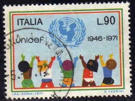 Italia 1971 Scott 1053 Sello º UNICEF Emblema y niños