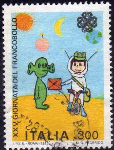 Italia 1983 Scott 1574 Sello Dia del Sello Dibujo de Niños Cartero entregando carta a Marciano 