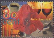 Holanda 1997 Scott 962 Sello Cumpleaños Café, Copa Vino, Velas y  Flores, usado Netherland