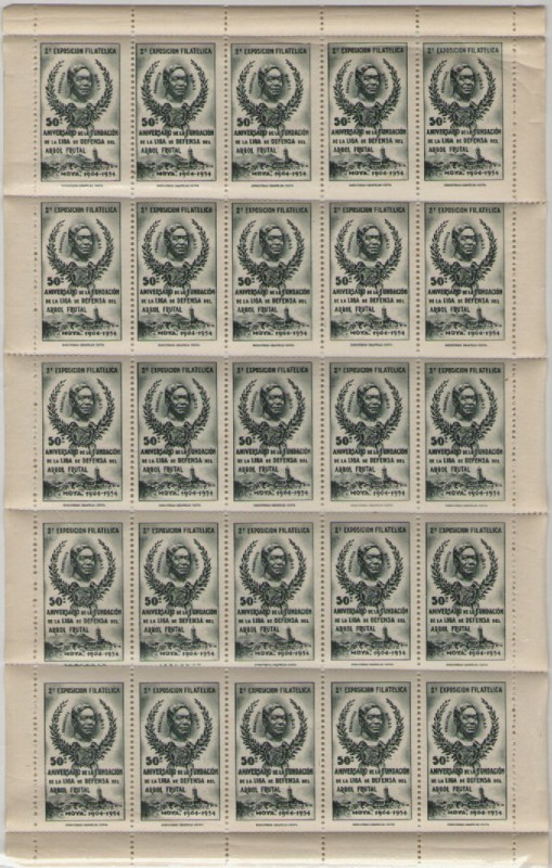 SELLOS, RARO PLIEGO DE VIÑETAS DE LA 2ª EXPOSICIÓN FILATÉLICA, MOYÁ, BARCELONA, 1904 - 1954. 50 ANIV