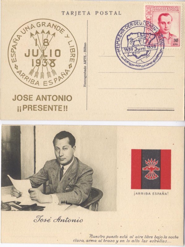 RARA POSTAL HOMENAJE A LA LEGIÓN CÓNDOR, JOSE ANTONIO, FALANGE 1939, 4. Arriba España. Marca, HEIMKE