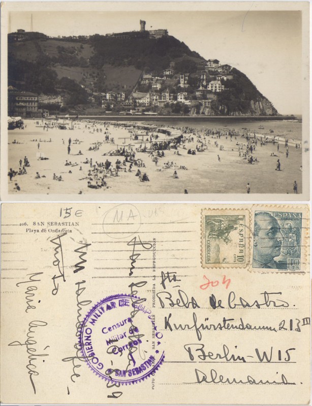 1939 GUERRA, CENSURA MILITAR DE GUIPUZCOA POSTAL FRANQUEADA DE SAN SEBASTIÁN A BERLÍN, PLAYA DE LA C