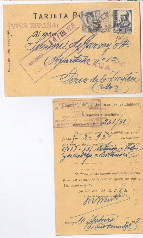 GUERRA CIVIL CENSURA TARJETA POSTAL FERROCARRILES ANDALUCES, MÁLAGA - CÁDIZ 1938. 