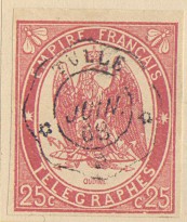 1868, FRANCIA, TELÉGRAFOS, SELLO CIRCULADO DE 25 CTS. ROJO CARMÍN, NAPOLEÓN III.