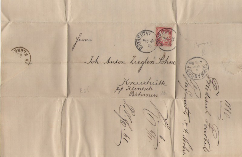 ALEMANIA, CARTA DE 1880 CON SELLO DE BAYERN De 10 pfennig rojo rosáceo.