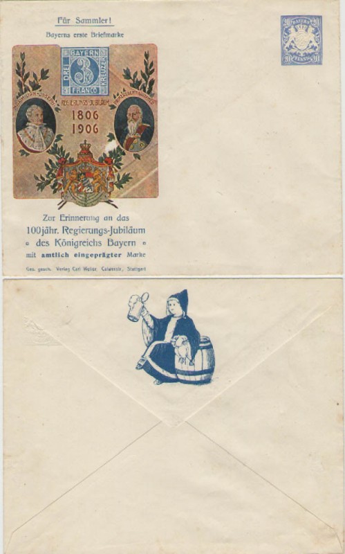 1906 ESTADO DE BAYERN, ALEMANIA. 5 SOBRES ENTERO POSTALES. Aniversario de Bayern, 1806-1906.