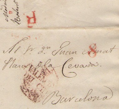 PREFILATELIA CARTA DE 1834, MARCADORES DE VALENCIA DEL CID DIRIGIDA A BARCELONA.