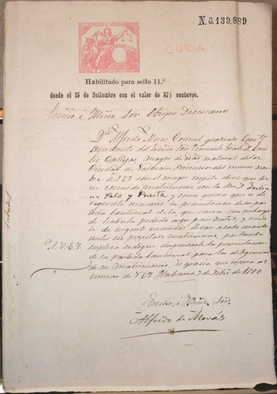 1880, CUBA, HABANA, DOCUMENTO CON FIRMAS, SELLOS FISCALES, CERTIFICADO DE SOLTERÍA, CORONEL DE INFAN