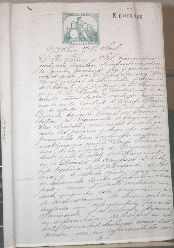 1881, CUBA, HABANA, DOCUMENTO CON FIRMAS, SELLOS FISCALES, CERTIFICADO DE SOLTERÍA, COMANDANTE DE IN