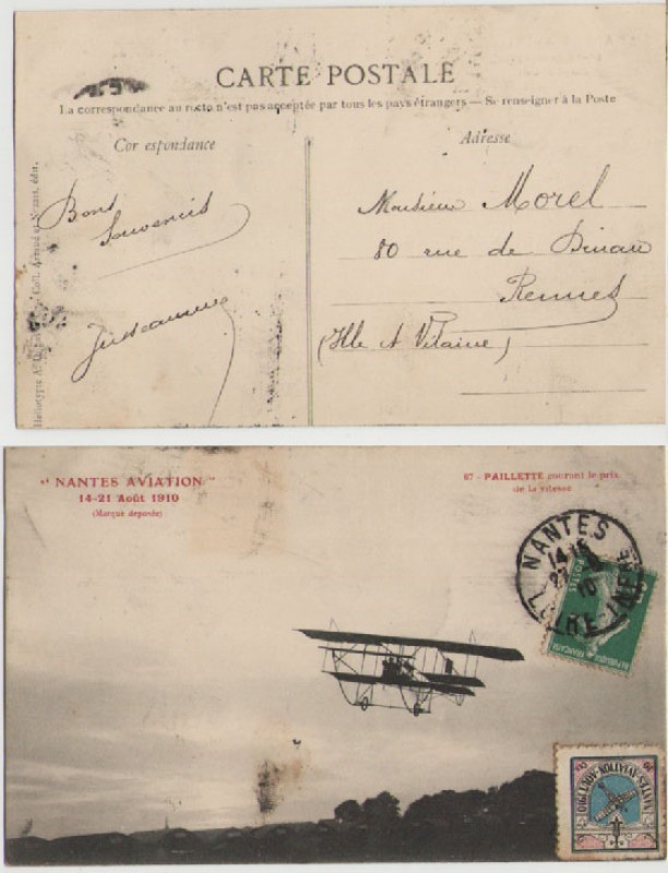 1910, FRANCIA, AVIACION, POSTAL CIRCULADA VUELO PAILLETTE, PREMIO DE LA VITESSE. DE LA SERIE NANTES 