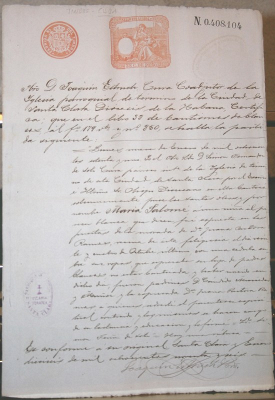 1896, CUBA, SANTA CLARA, DOCUMENTO CON FIRMAS, SELLOS FISCALES, CERTIFICADO DE SOLTERÍA.