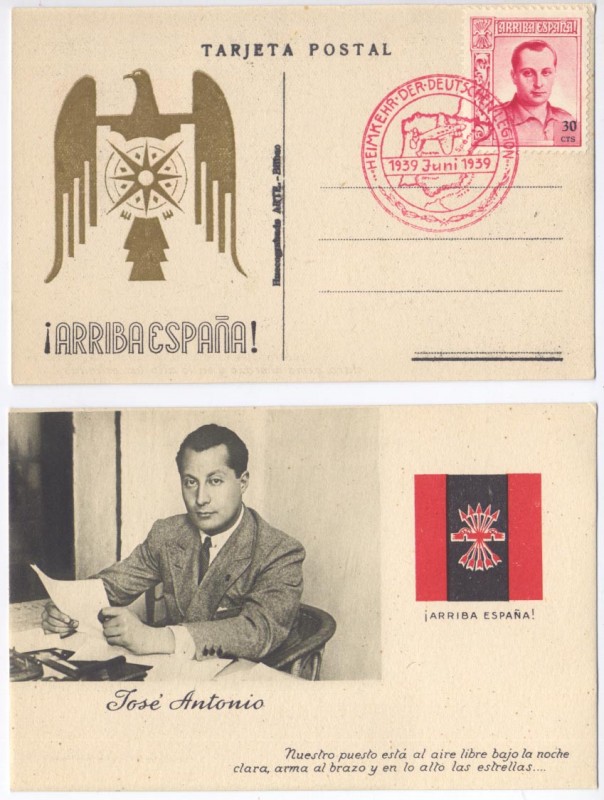 RARA POSTAL HOMENAJE A LA LEGIÓN CÓNDOR, JOSE ANTONIO, FALANGE 1939, 4. 