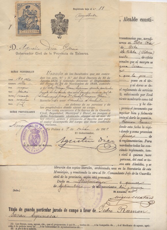 ALFONSO XIII 6 DOCUMENTOS, GUARDIA CIVIL Y GOBIERNO MILITAR DE BALEARES, EXPEDIENTE 1919-1930