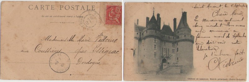 POSTAL FRANCESA DE 1901, CIRCULADA, DORDAGUE, CHÁTEAU DE LANGELAIS, ENTRÉE PRINCIPALE (INDRE ET LOIR