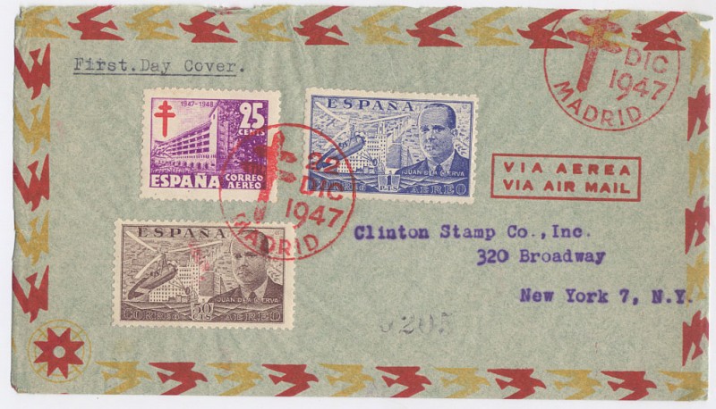 1947 PRO TUBERCULOSOS, SOBRE PRIMER DIA CORREO AÉREO, DE MADRID A NEW YORK, BROADWAY. 