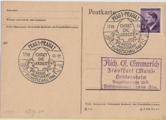 III REICH, 1944, TARJETA POSTAL HITLER, PRAGA OCUPADA, DIGNIFICACIÓN DEL TRABAJO, 17-VII-44. EHRET D