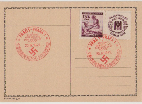 III REICH, 1941, TARJETA POSTAL CRUZ ROJA ALEMANA, PRAGA OCUPADA, CUMPLEAÑOS DEL FÜHRER, 20-IV-41. F