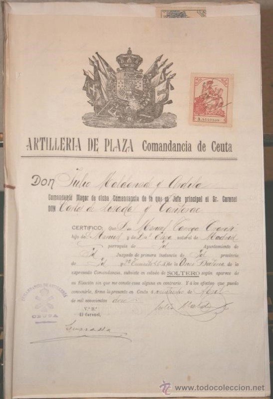 1912, COMANDANCIA DE CEUTA, EXPEDIENTE DE DOCUMENTOS CON FIRMAS, SELLOS FISCALES, ARTILLERÍA DE PLAZ