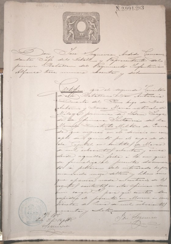 1897, CUBA, DOCUMENTO CON FIRMAS, SELLO FISCAL, COMANDANTE DE INFANTERÍA, REGIMIENTO ALFONSO XIII. 