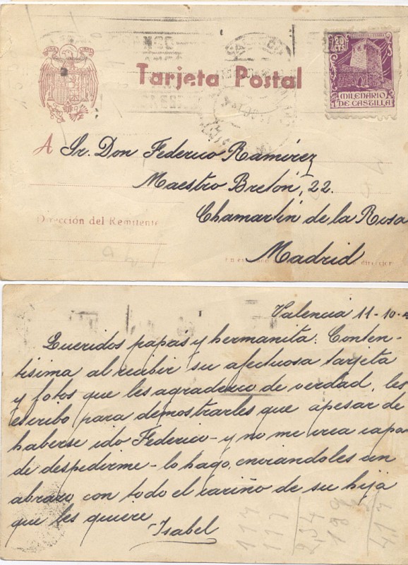 1944 POSTAL PATRIÓTICA CON EL ÁGUILA DE SAN JUAN CIRCULADA DE VALENCIA A MADRID, FRANQUEO DE 20 CTS.