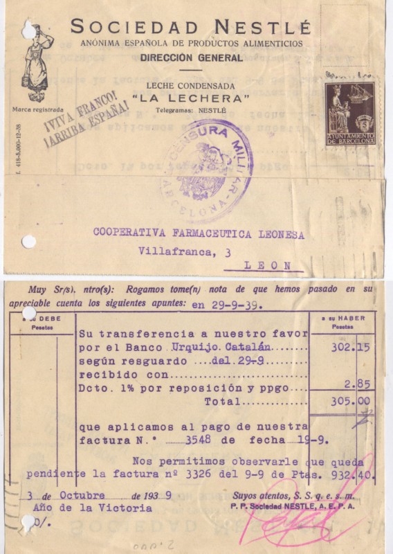 1939 CENSURA MILITAR POSTAL LA LECHERA DE NESTLÉ BARCELONA - LEÓN. 