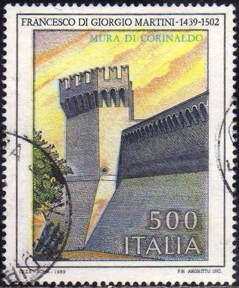 Italia 1989 Scott 1785 Sello Arquitectos Francesco di Giorgio Martini (1439-1502) Muro de Corinaldo 