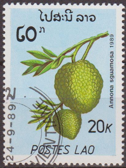LAOS 1989 Scott 951 Sello Nuevo Frutas Chirimoya Annona Sguamosa Matasello de favor Preobliterado