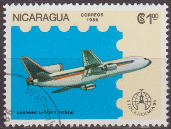 Nicaragua 1986 Scott 1553 Sello Avion Aeroplano Lockheed L-1011 Tristar Matasello de favor Preoblite