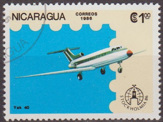 Nicaragua 1986 Scott 1554 Sello Avion Aeroplano Yak 40 Matasello de favor Preobliterado 