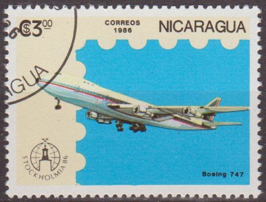 Nicaragua 1986 Scott 1556 Sello Avion Aeroplano Boeing 747 Matasello de favor Preobliterado 