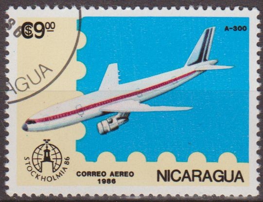 Nicaragua 1986 Scott 1557 Sello Avion Aeroplano Airbus A-300 Matasello de favor Preobliterado  