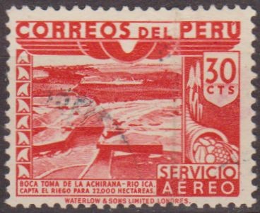 PERU 1949 Scott C90 Sello Correo Aereo Boca Toma de la Achirana Rio Ica impreso waterlow & Sons Ld