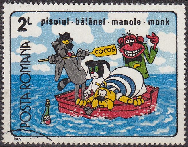 Rumania 1985 Scott 3578 Sello * Comics Pisoiul Balanel Manole y Monk en Barca Naufragos Roumanie