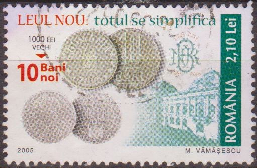 RUMANIA 2005 Scott 4741 Sello Devaluación de la Moneda 1000 Lei viejos 10 Bani Nuevos usado 