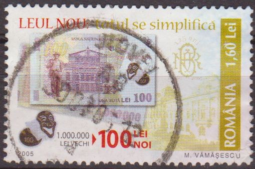 RUMANIA 2005 Scott 4742 Sello Devaluación de la Moneda 10000 Lei viejos 100 Bani Nuevos usado 