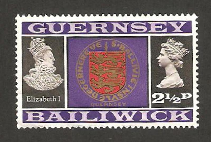 Guernsey - Escudo de Guernsey y Reina Elizabeth I
